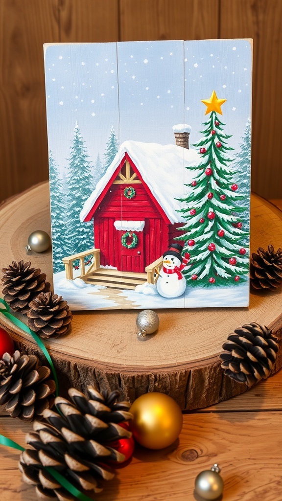 A colorful wooden painting of a Christmas scene with a cabin, tree, and snowman on a rustic table.